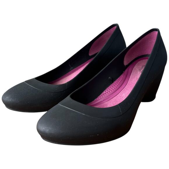 Crocs Lina Women's 7 Size Down For Half Size Black Pump Wedge Heel Dual Comfort - Picture 2 of 14